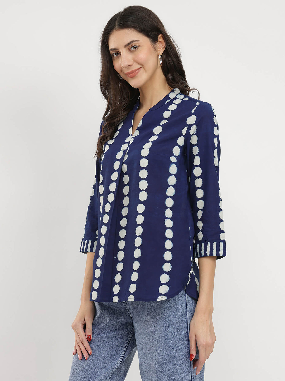 Cotton Polka Dabu Print Top - Indigo