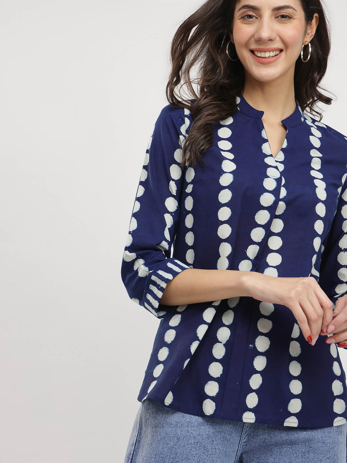 Cotton Polka Dabu Print Top - Indigo