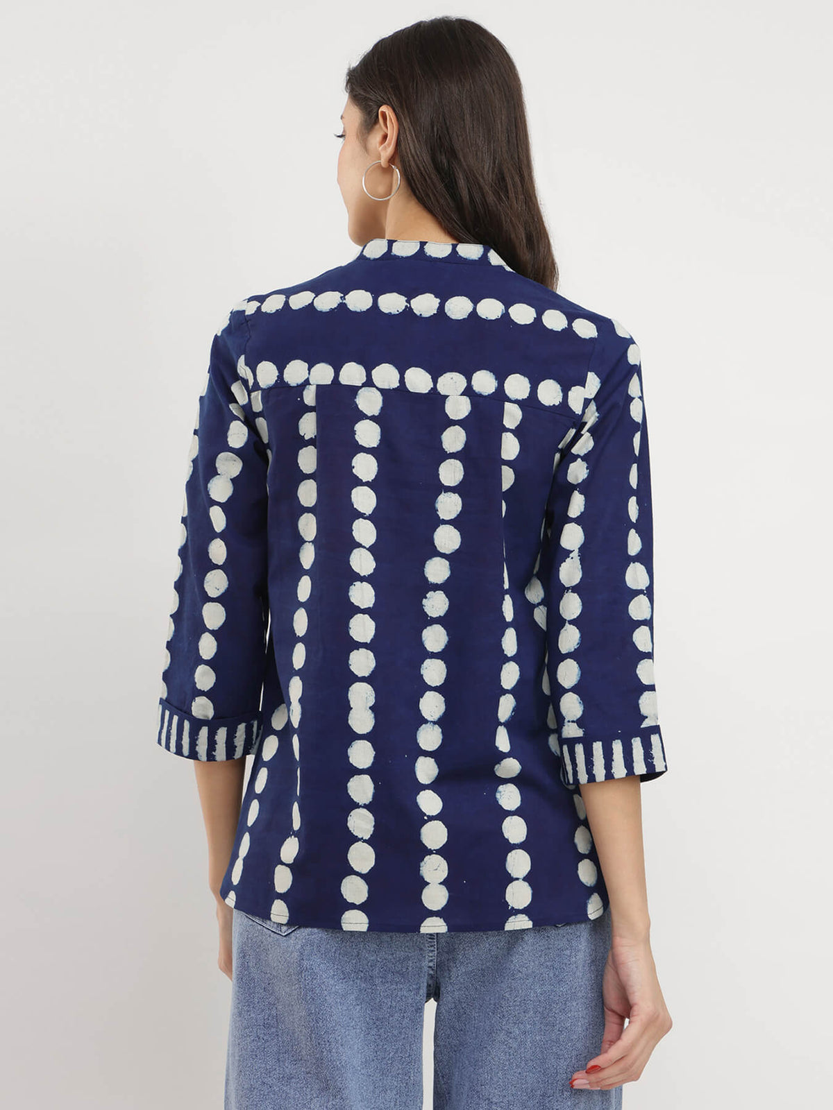 Cotton Polka Dabu Print Top - Indigo
