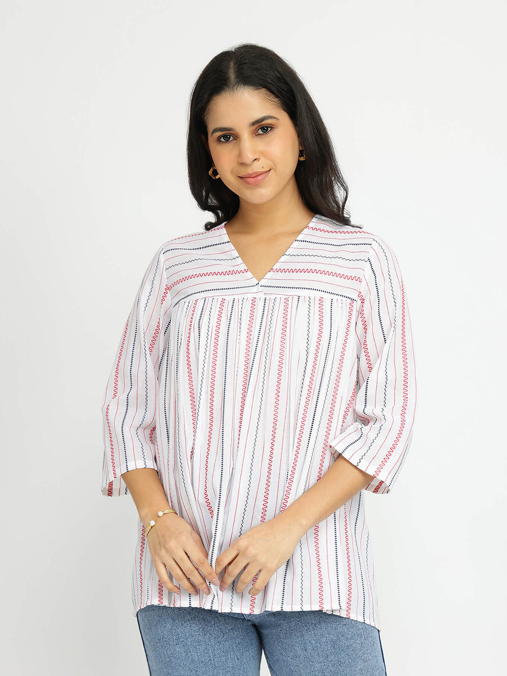 Cotton Striped A-Line Top - White