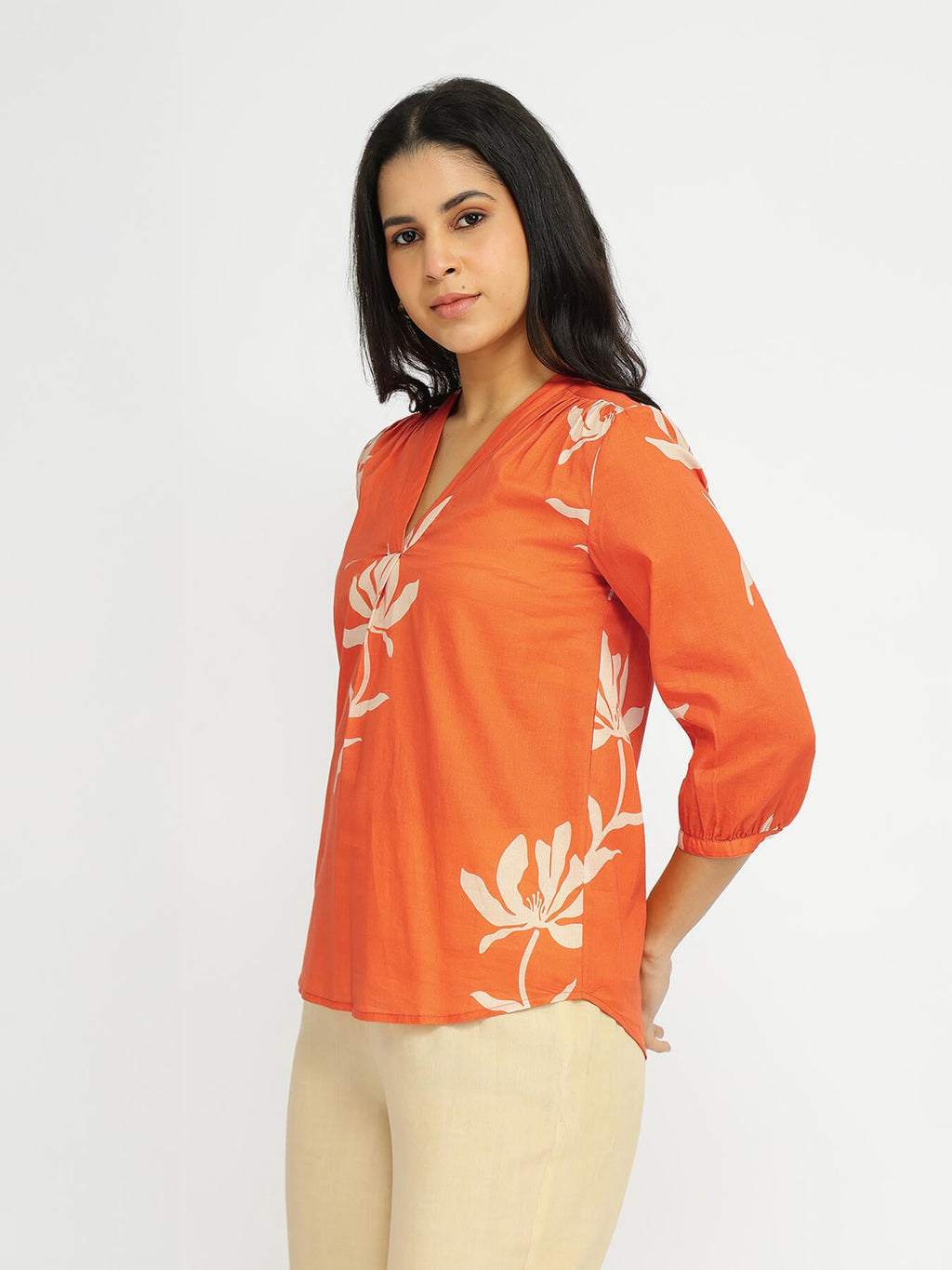 Cotton Floral V-Neck Top - Orange
