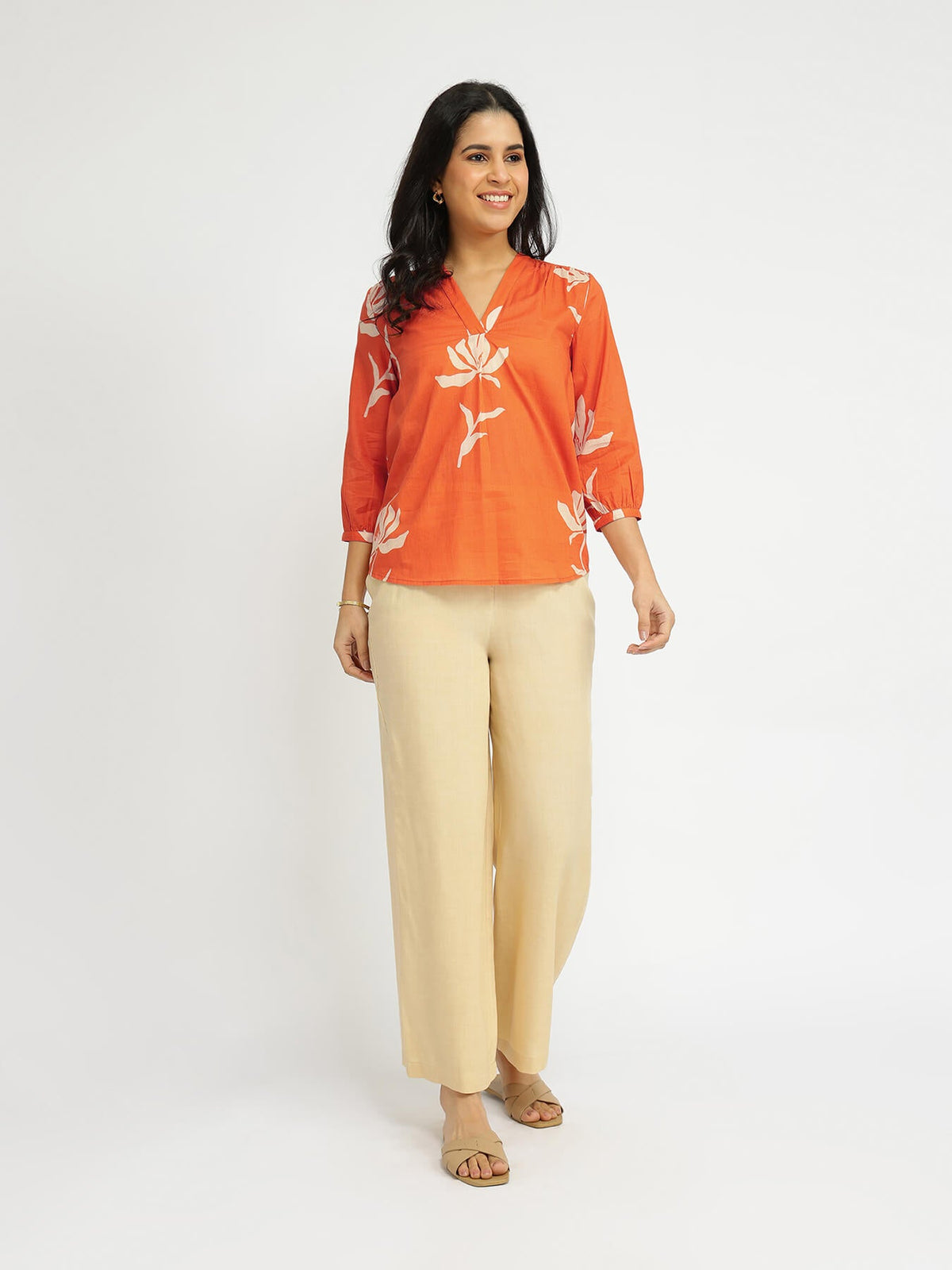 Cotton Floral V-Neck Top - Orange