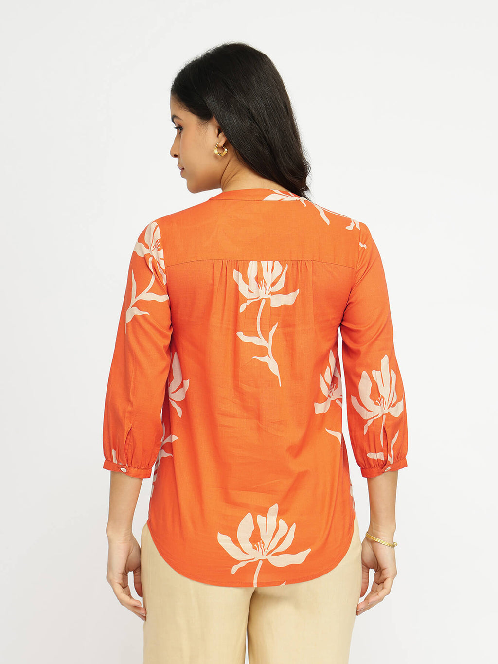 Cotton Floral V-Neck Top - Orange