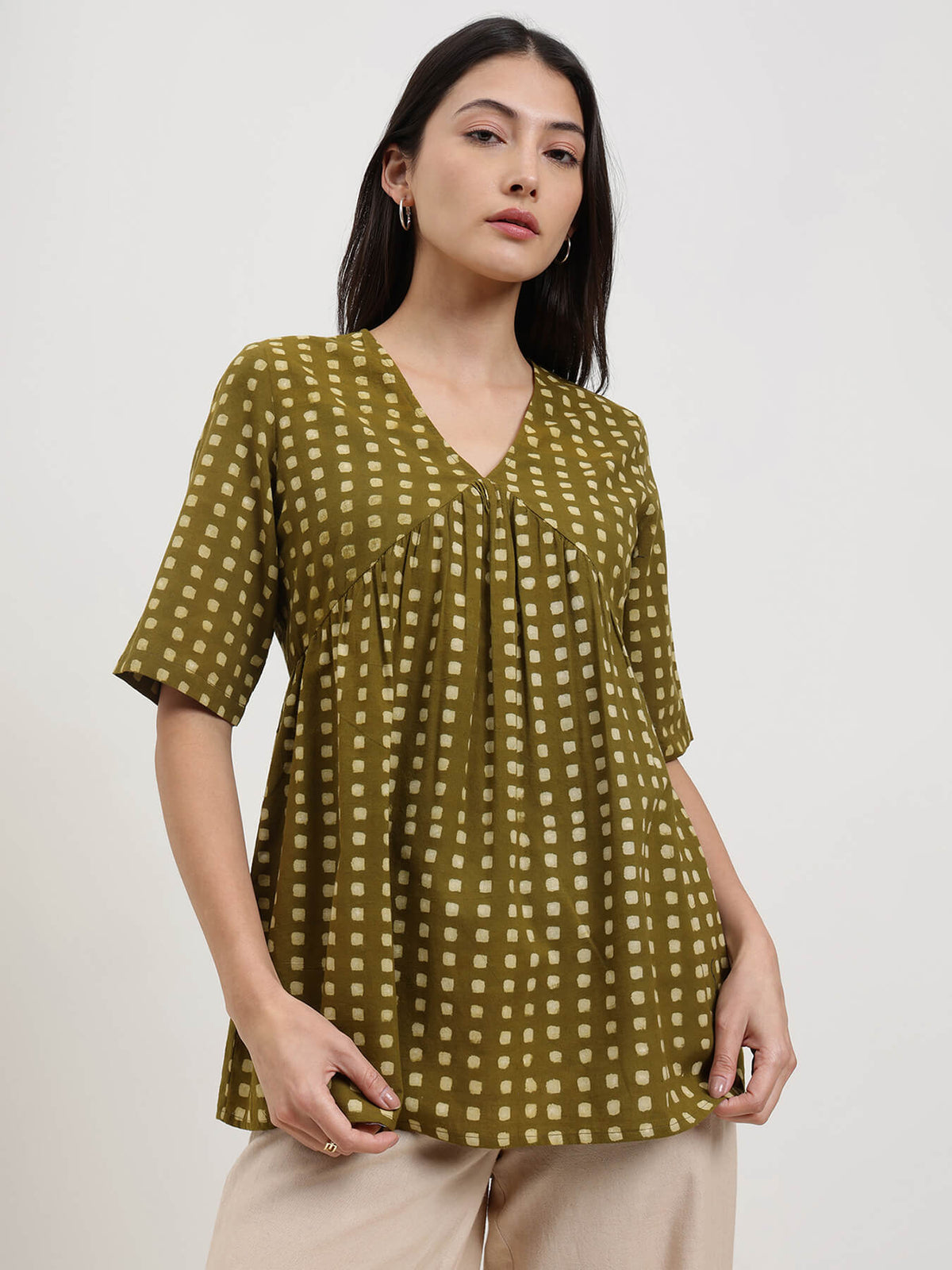 Cotton Geometric Dabu Print Top - Olive