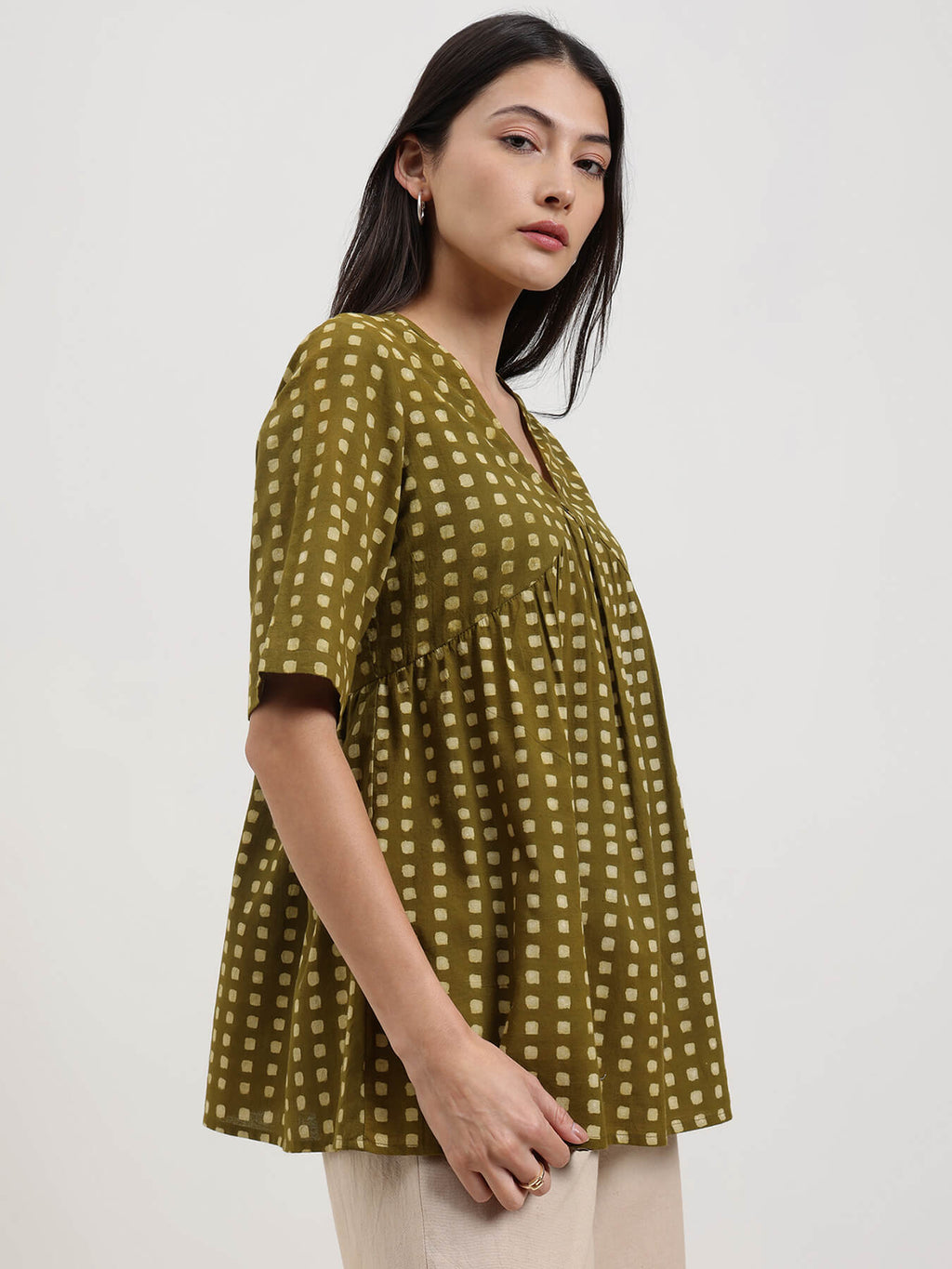 Cotton Geometric Dabu Print Top - Olive