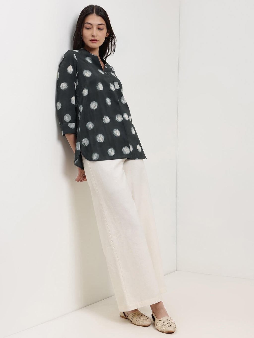 Cotton Dabu Polka Top - Black