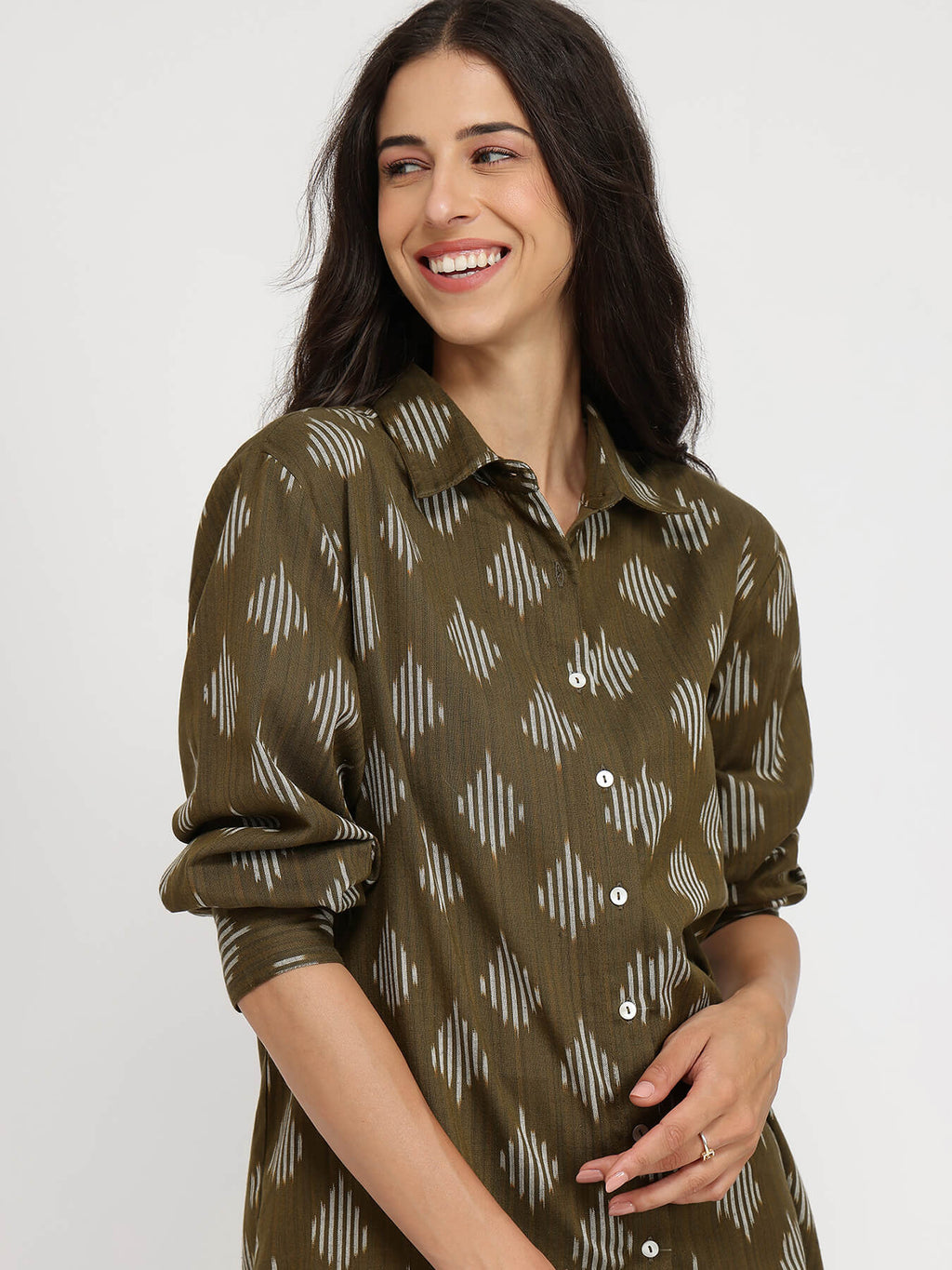 Cotton Ikat Full Sleeves Shirt - Olive