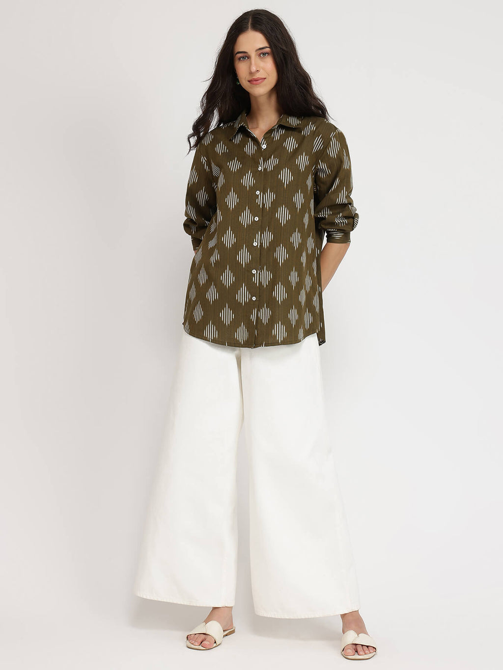 Cotton Ikat Full Sleeves Shirt - Olive