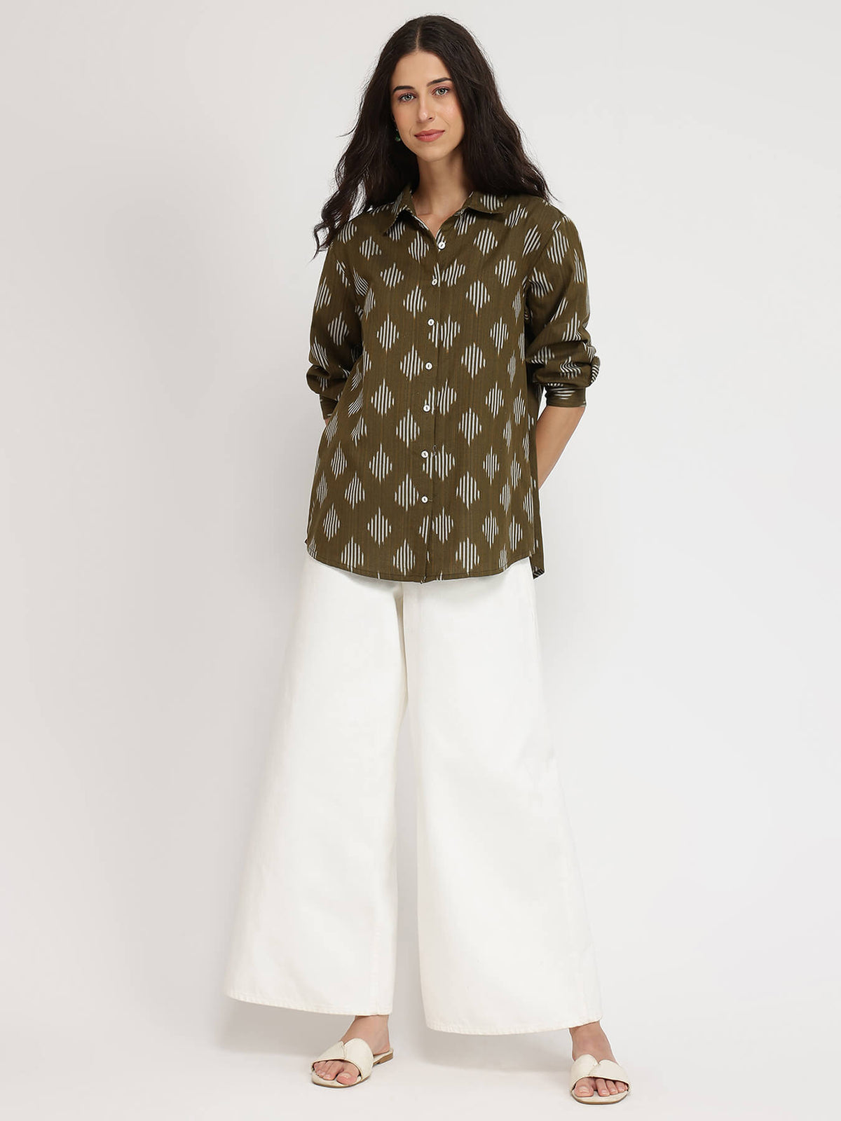 Cotton Ikat Full Sleeves Shirt - Olive