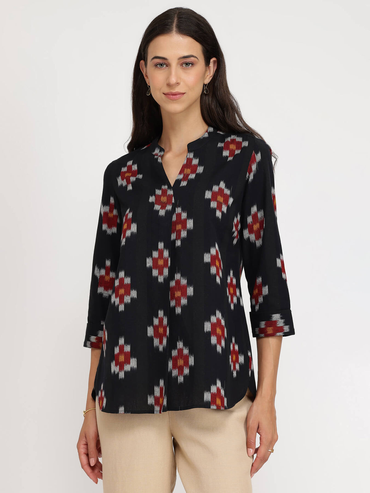 Cotton Ikat V-neck Top - Black