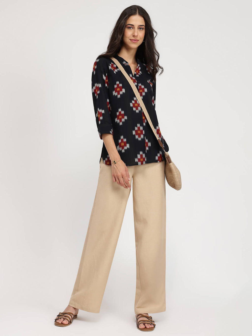 Cotton Ikat V-neck Top - Black
