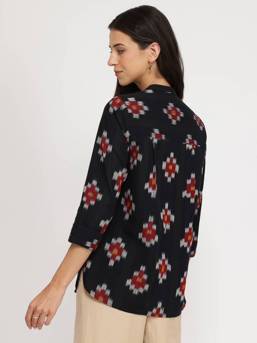 Cotton Ikat V-neck Top - Black