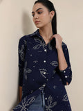 Cotton Bandhani Floral Shirt - Navy Blue