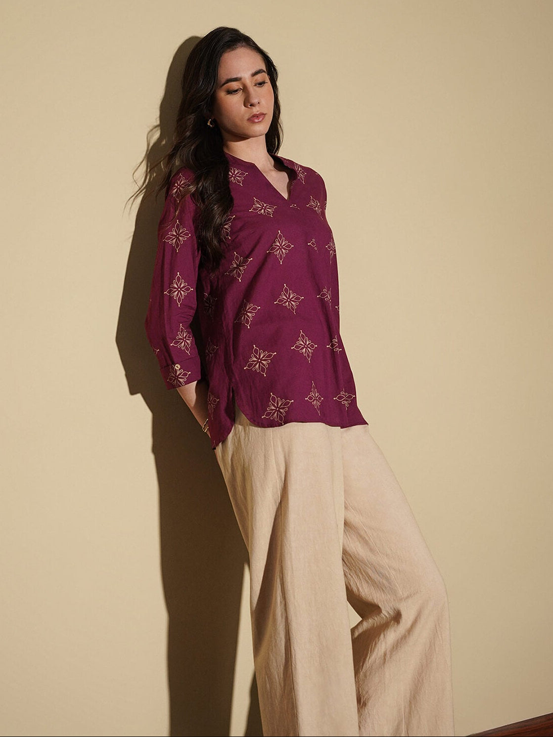 Cotton Floral Regular Top - Magenta