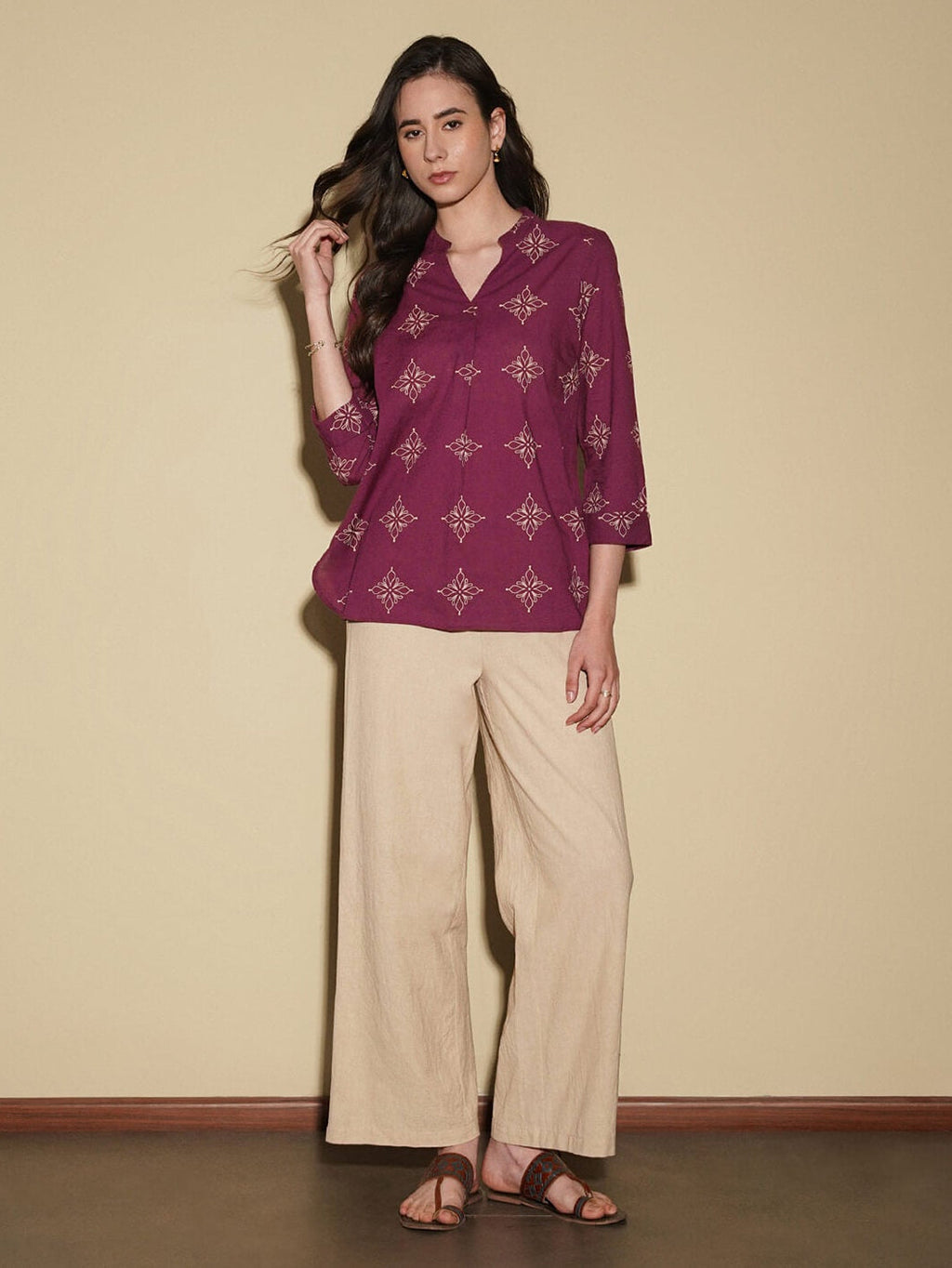Cotton Floral Regular Top - Magenta