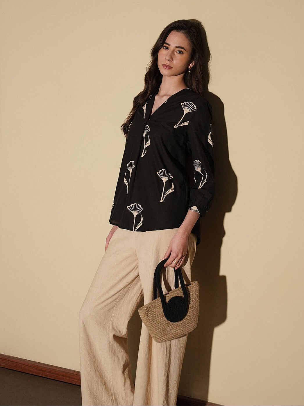 Cotton Floral Regular Top - Black