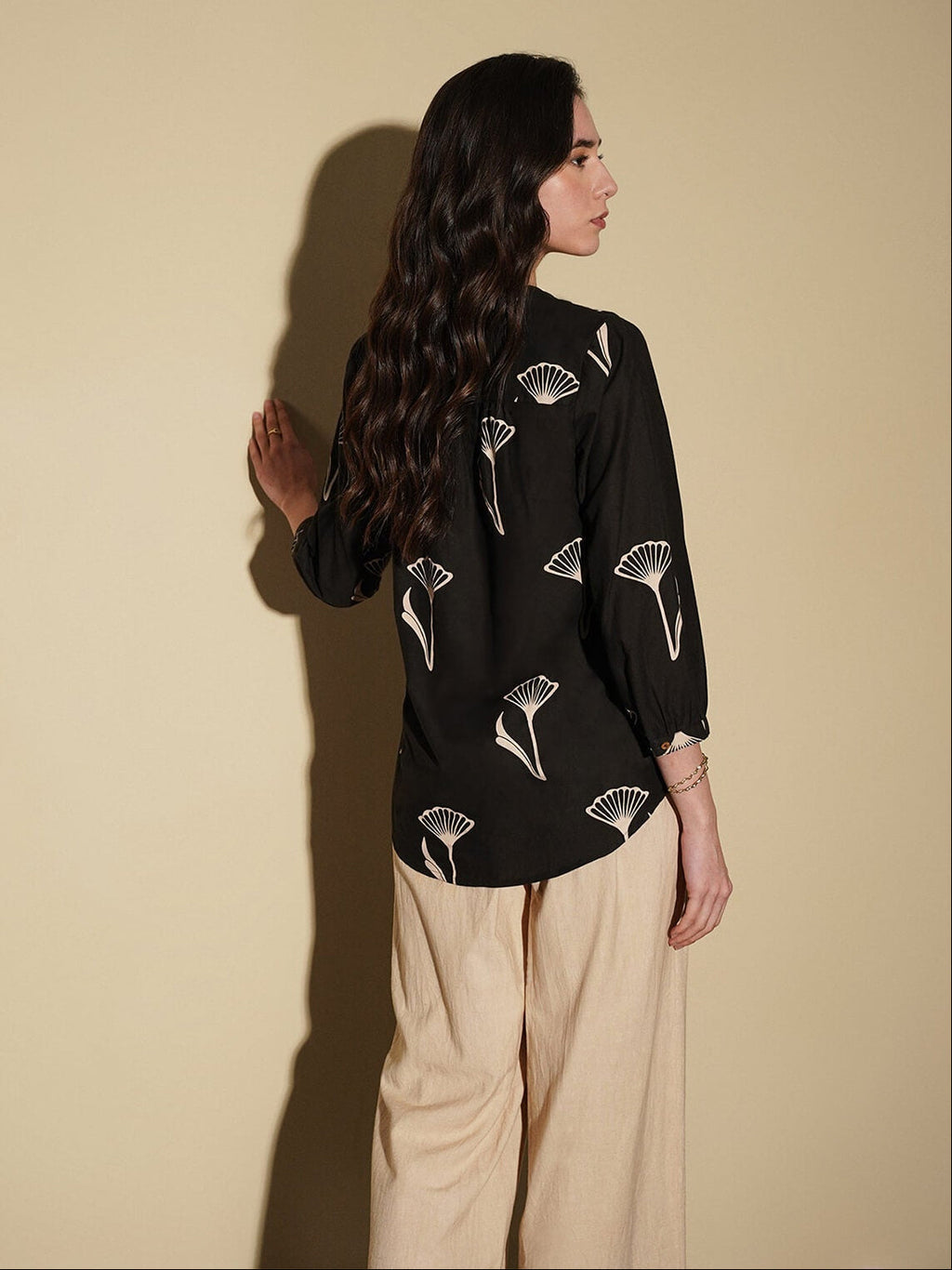 Cotton Floral Regular Top - Black