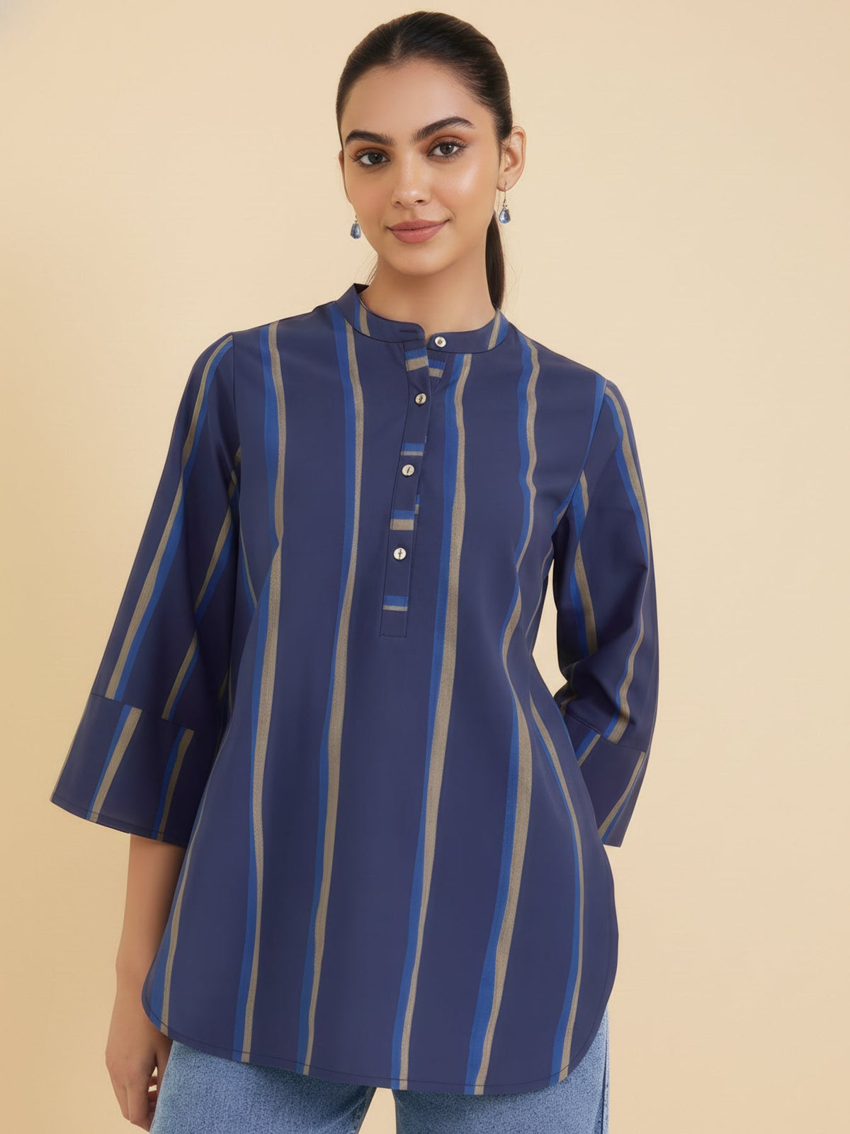 Cotton Striped Regular Top - Blue