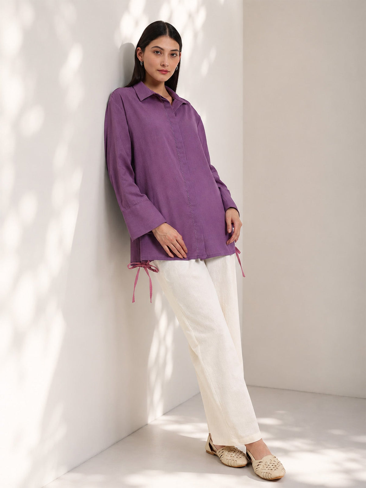 Linen Blend Solid Shirt - Purple