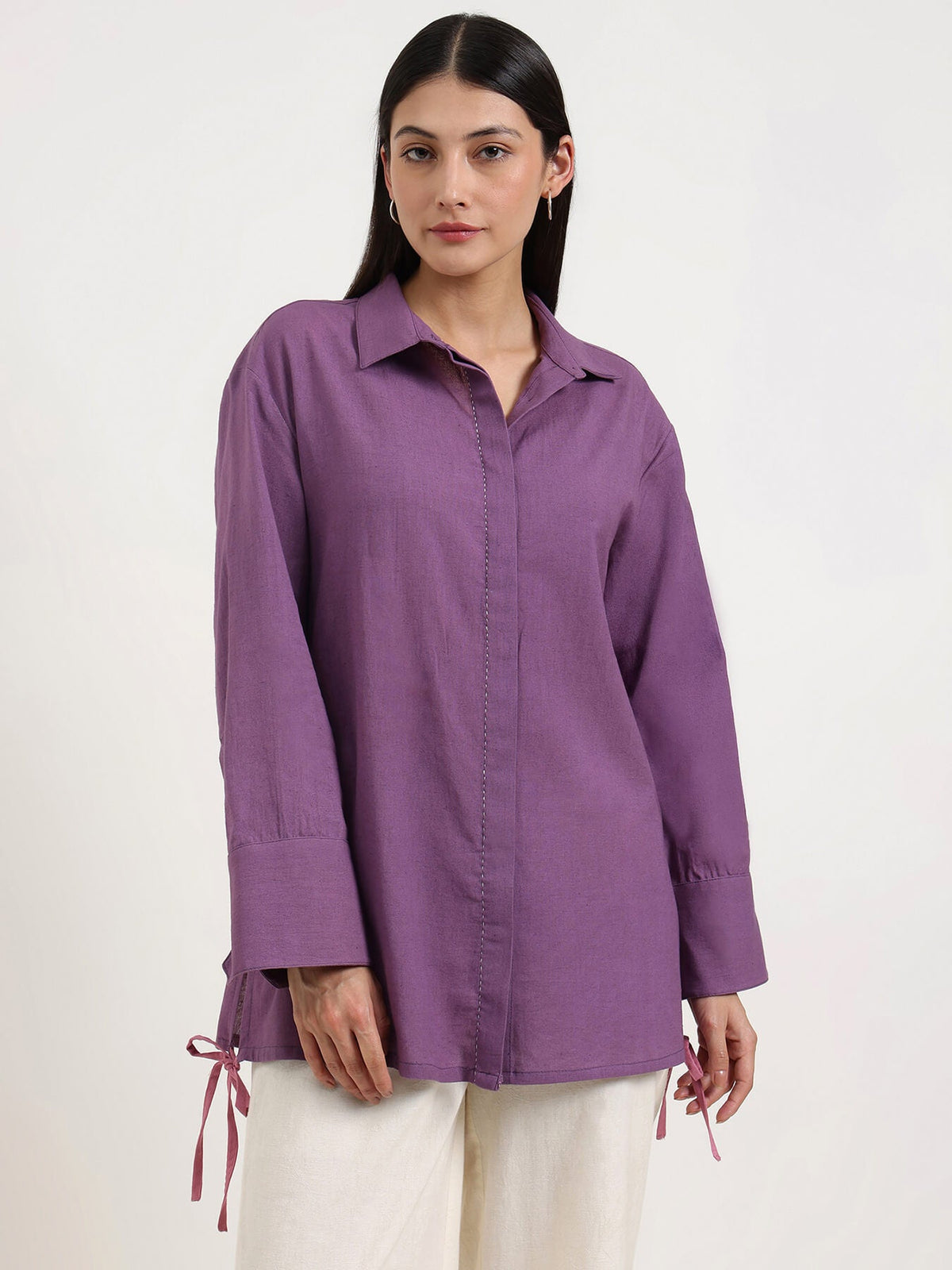 Linen Blend Solid Shirt - Purple