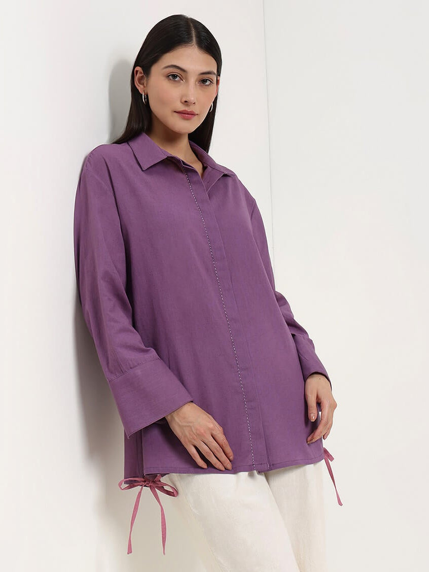 Linen Blend Solid Shirt - Purple