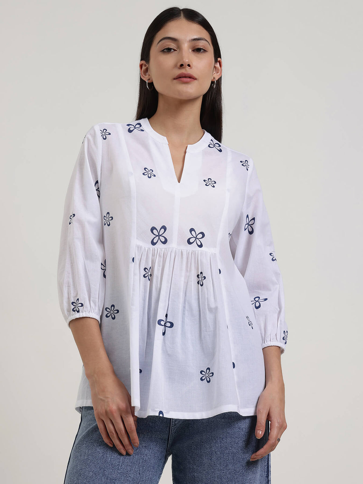 Cotton Floral A-Line Top - Off White