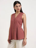 Linen Blend Solid Peplum Top - Rust