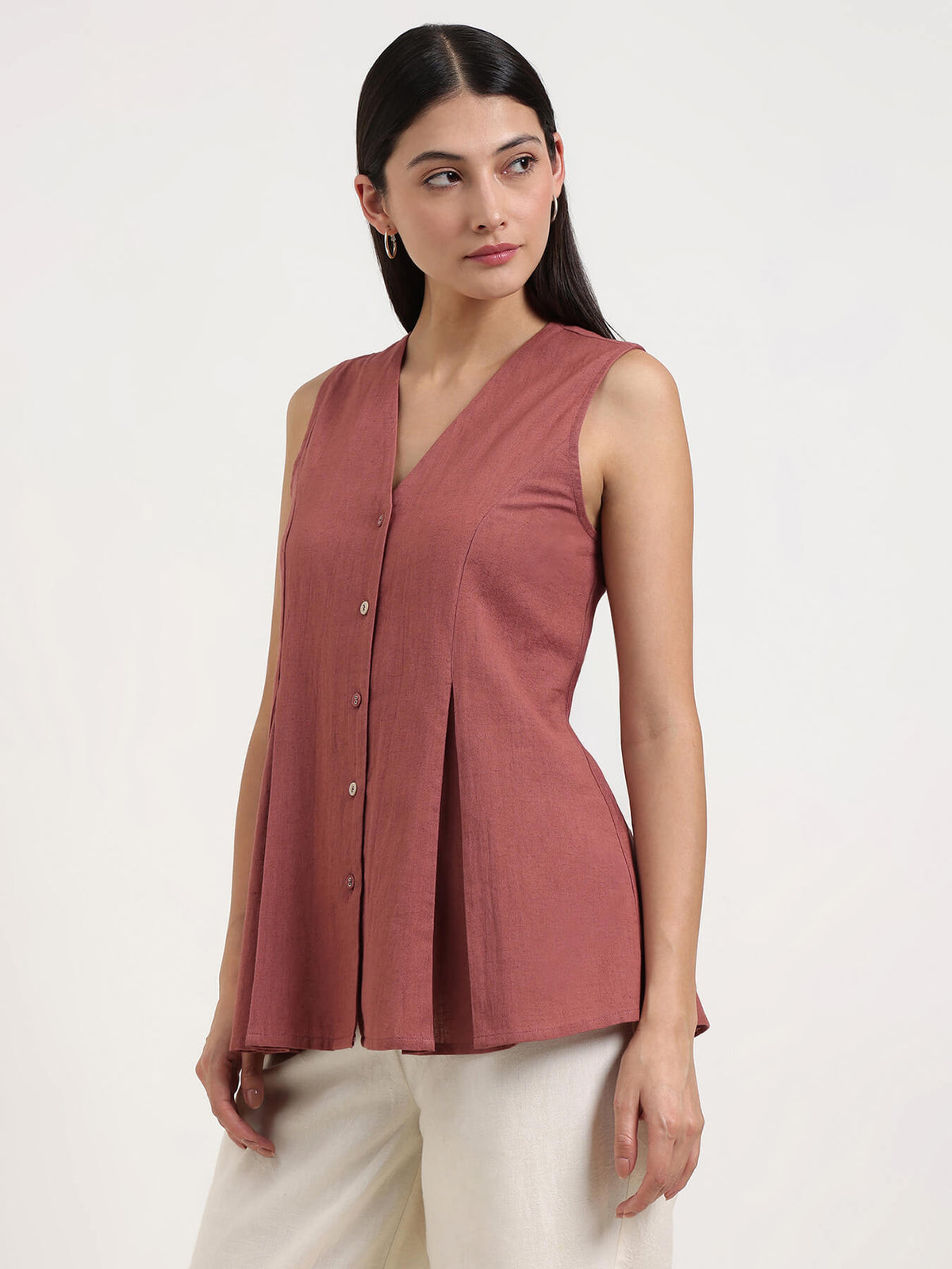 Linen Blend Solid Peplum Top - Rust