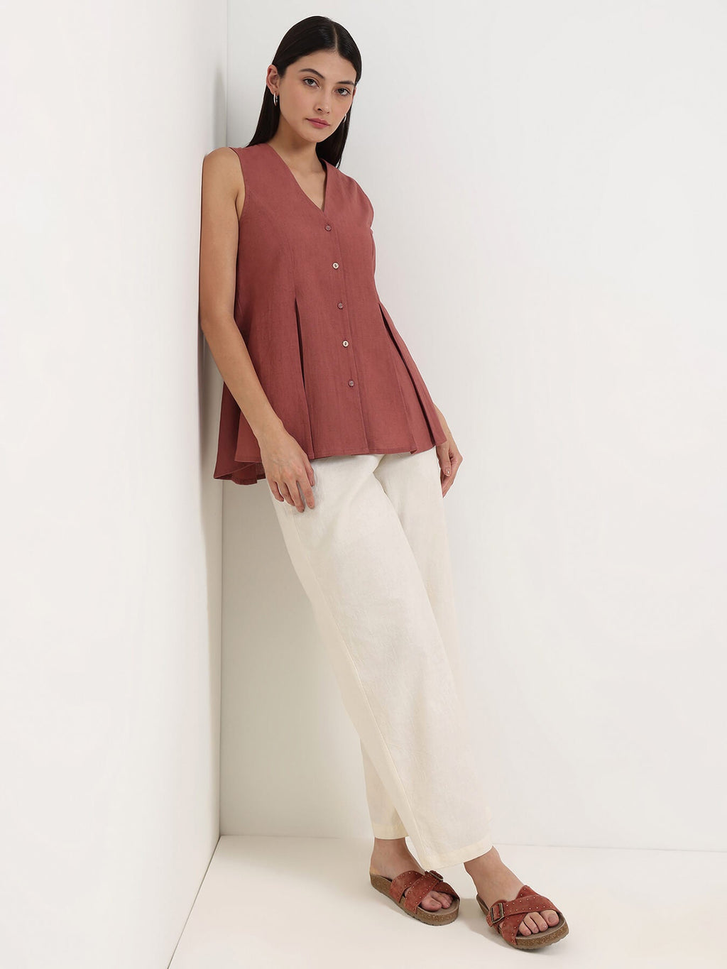 Linen Blend Solid Peplum Top - Rust
