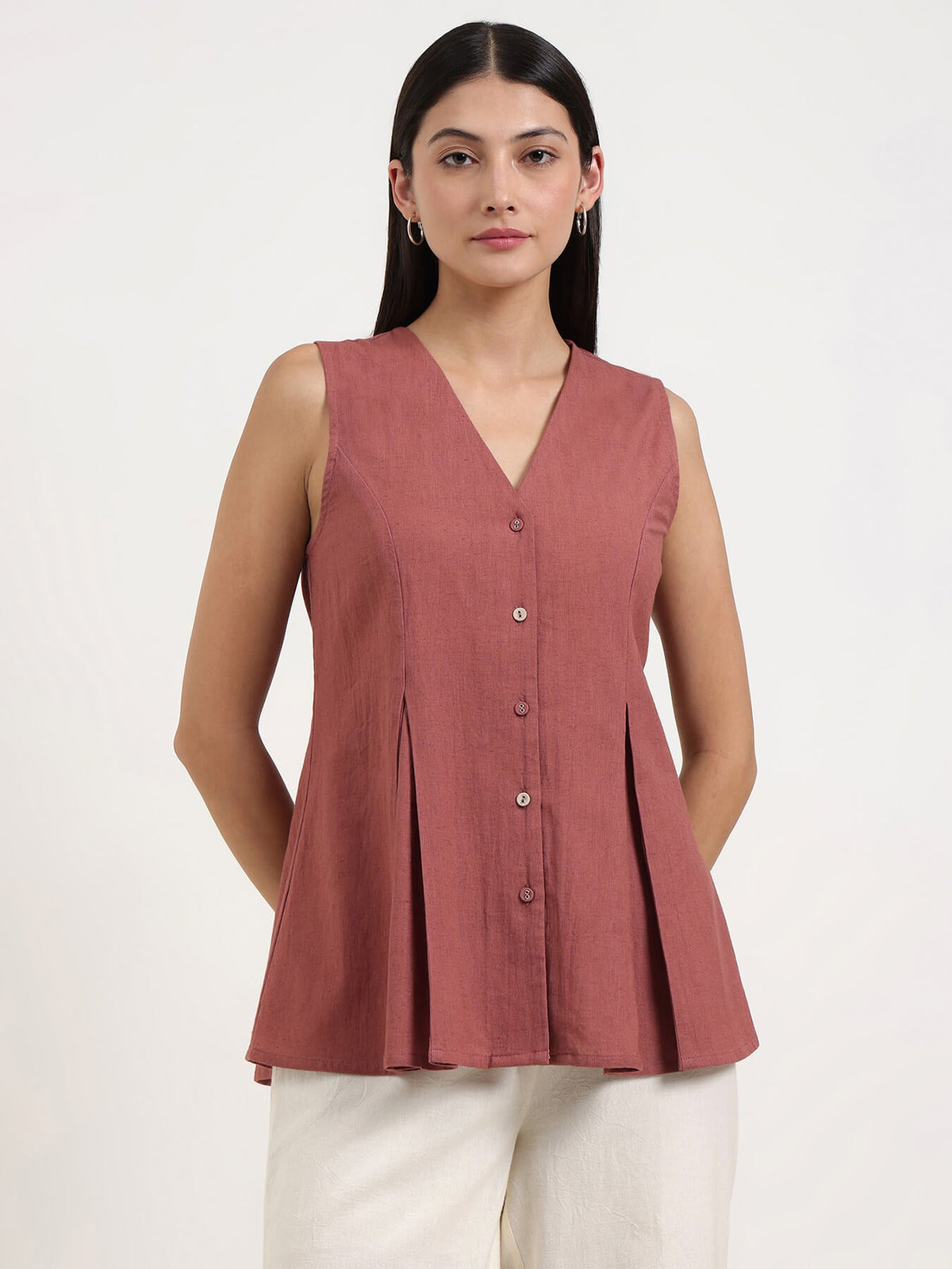 Linen Blend Solid Peplum Top - Rust