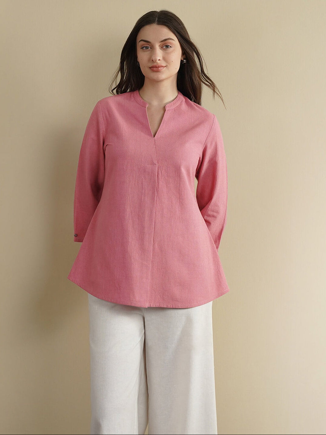 Linen Blend Solid Regular Top - Pink