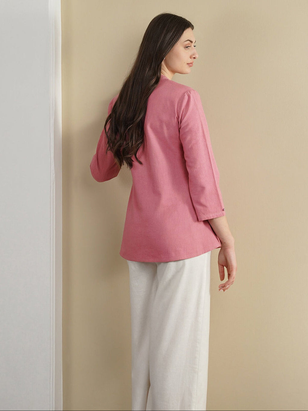 Linen Blend Solid Regular Top - Pink