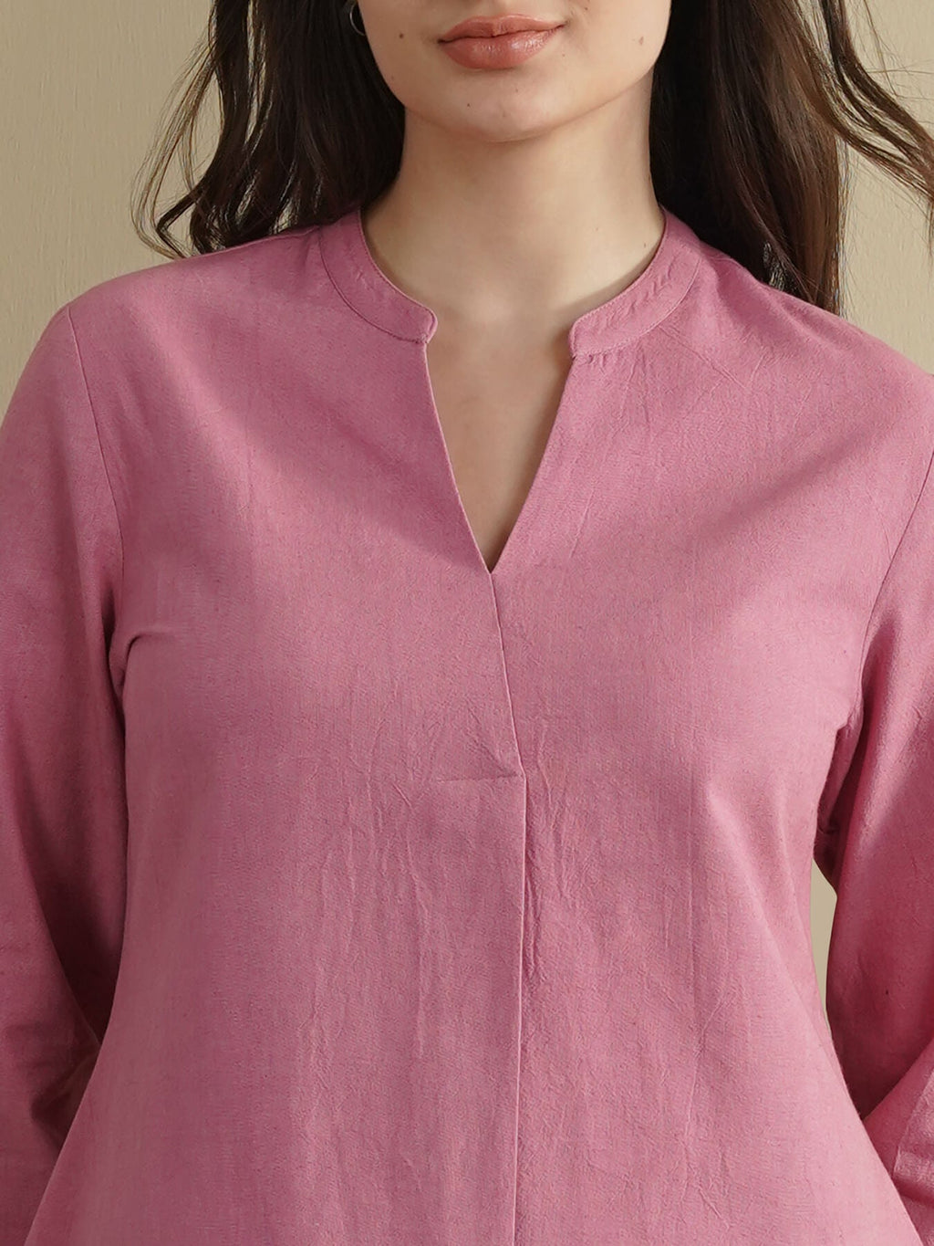 Linen Blend Solid Regular Top - Pink