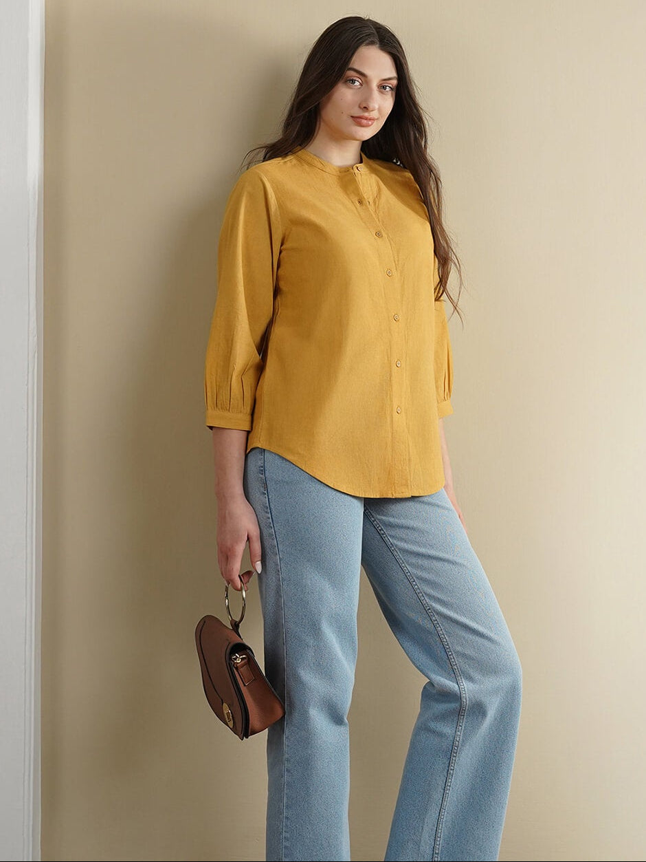 Linen Blend Solid Regular Top - Yellow