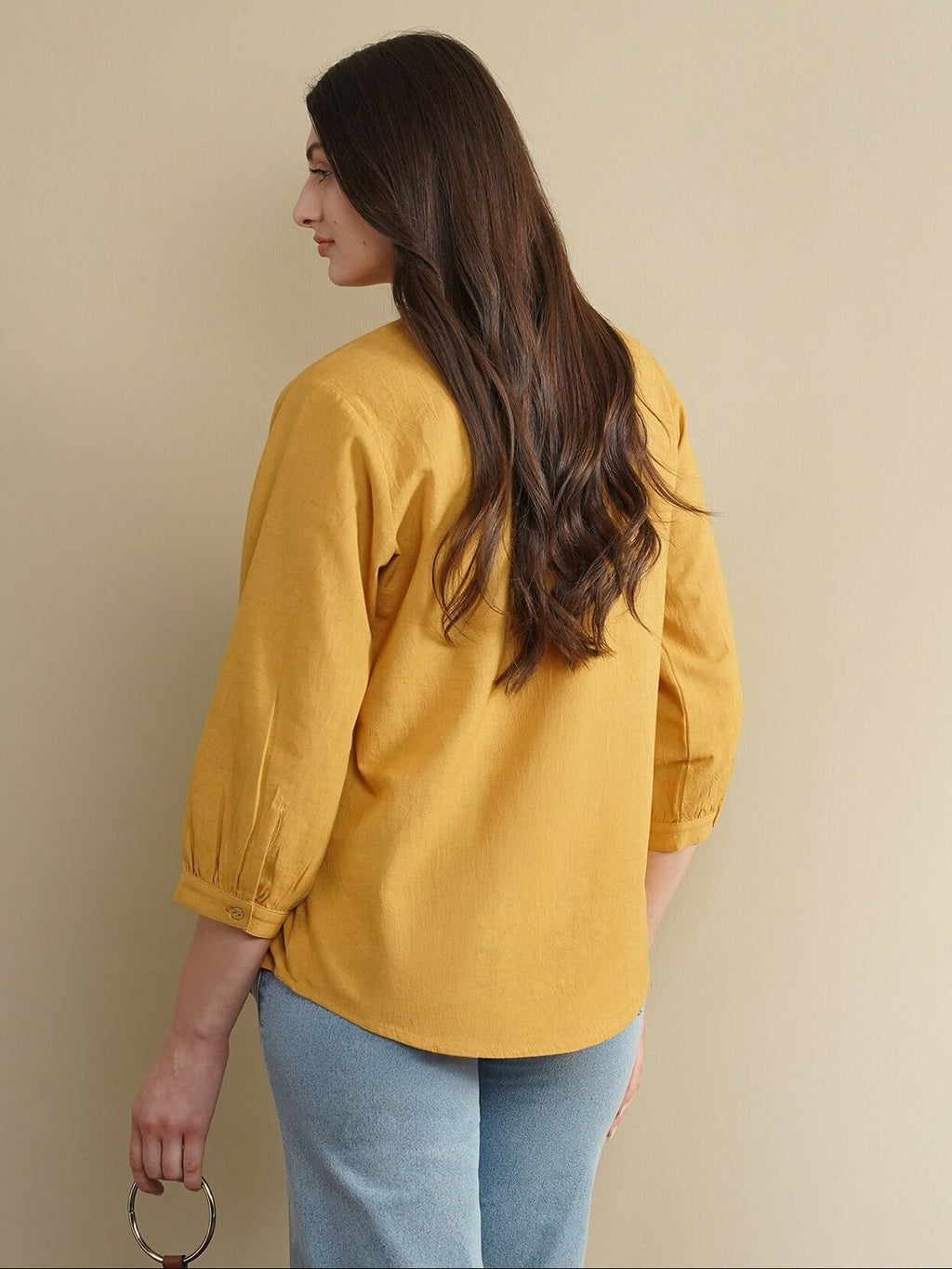 Linen Blend Solid Regular Top - Yellow