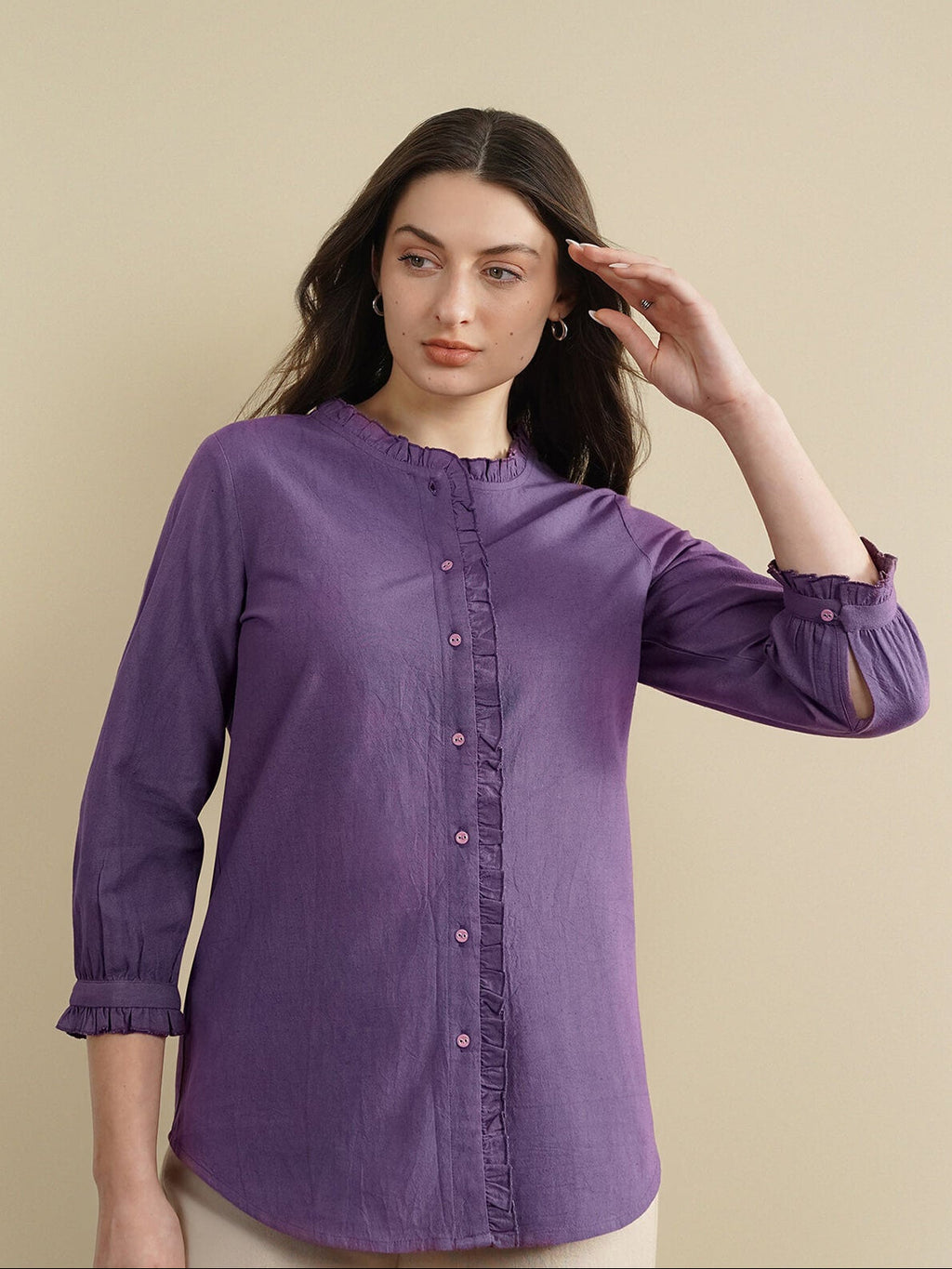 Linen Blend Solid Regular Top - Purple