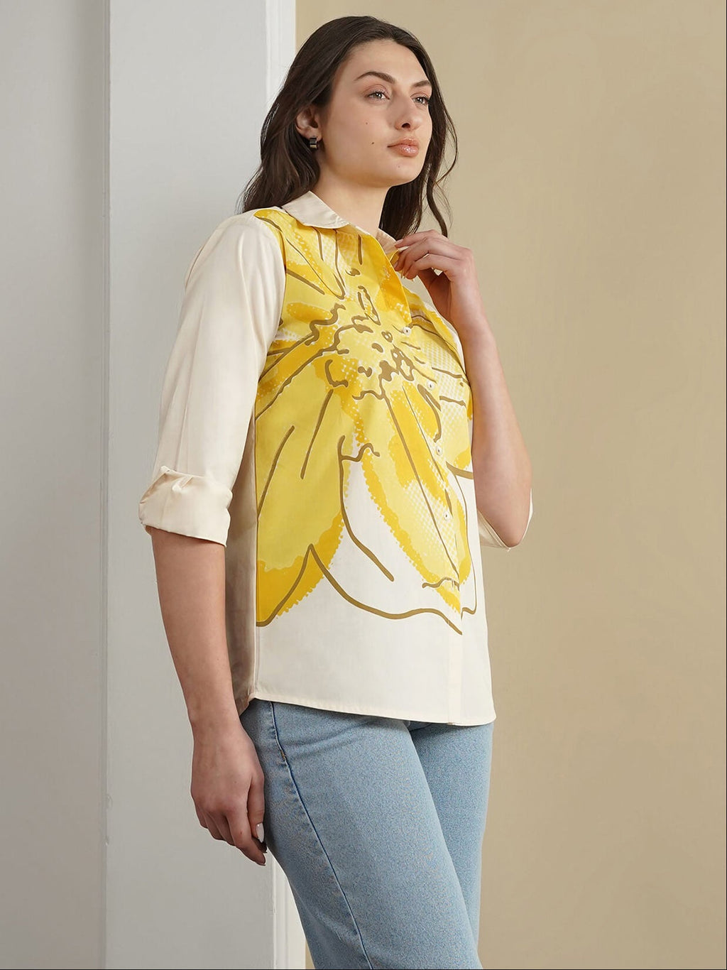 Cotton Placement Floral Shirt - Off White