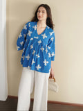 Cotton Floral Peplum Top - Blue