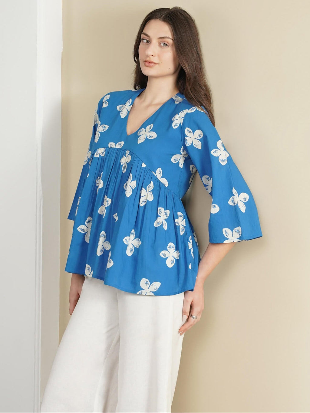 Cotton Floral Peplum Top - Blue