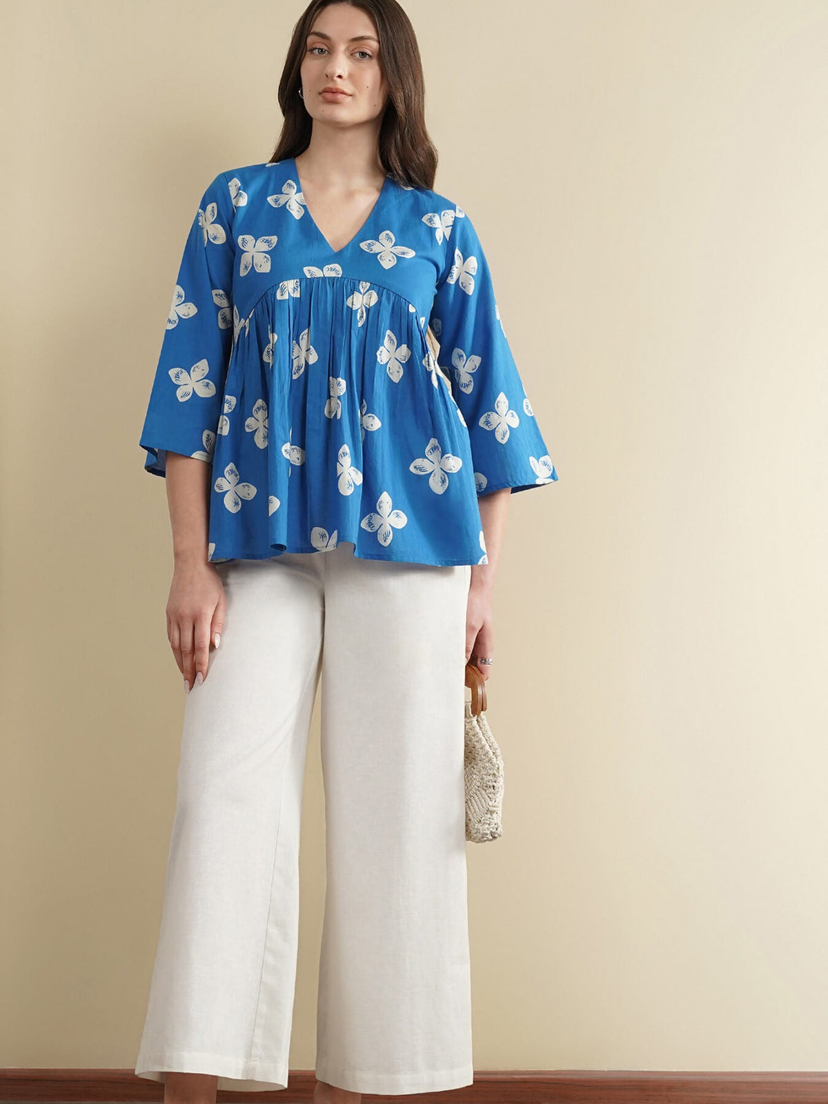 Cotton Floral Peplum Top - Blue