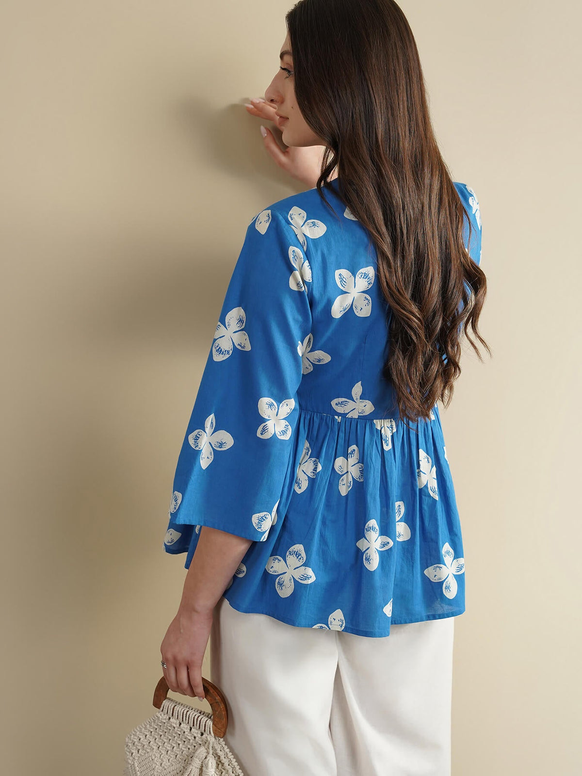 Cotton Floral Peplum Top - Blue
