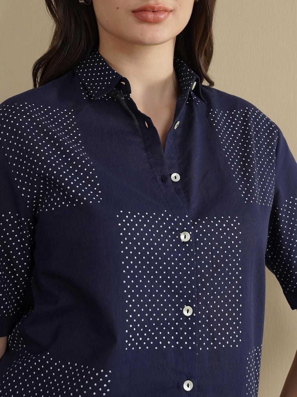 Cotton Geometric Shirt Style Top - Navy Blue