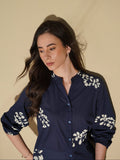 Cotton Floral Band Collar Top - Navy Blue
