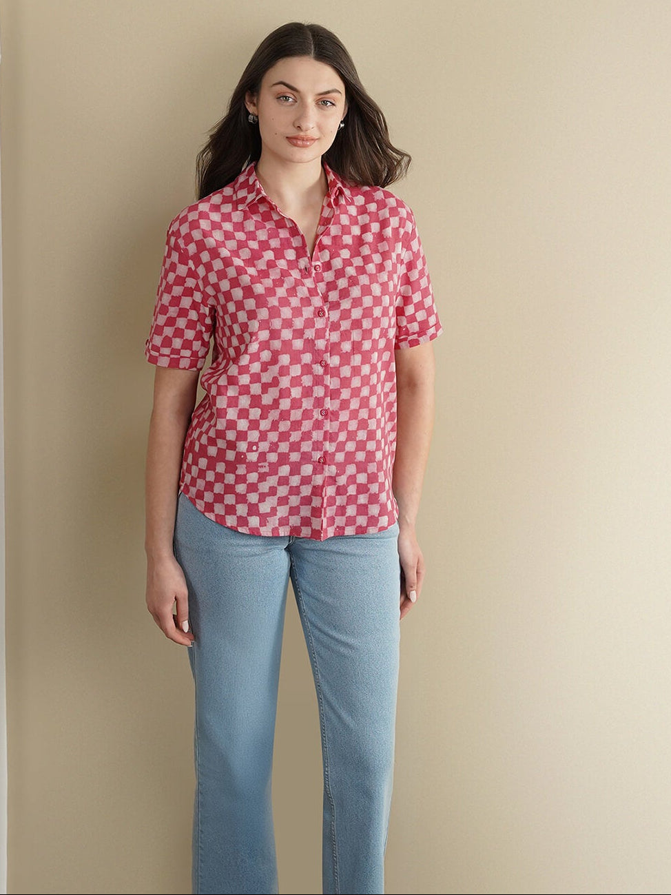 Cotton Dabu Checked Shirt - Pink