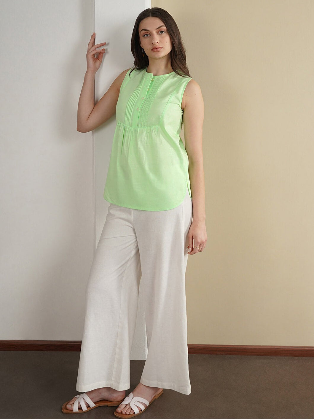 Cotton Solid Round Neck Top - Green