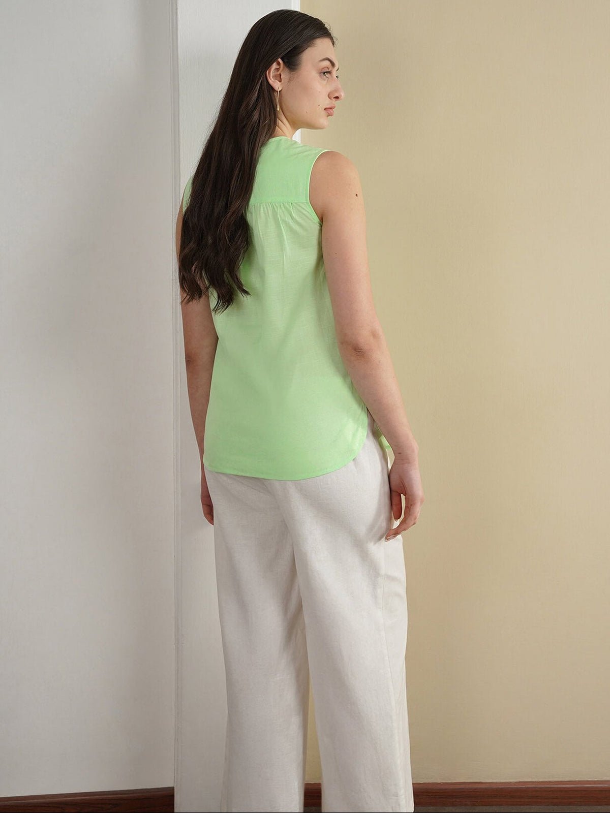 Cotton Solid Round Neck Top - Green