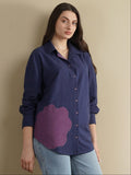 Linen Blend Floral Patchwork Shirt - Navy Blue