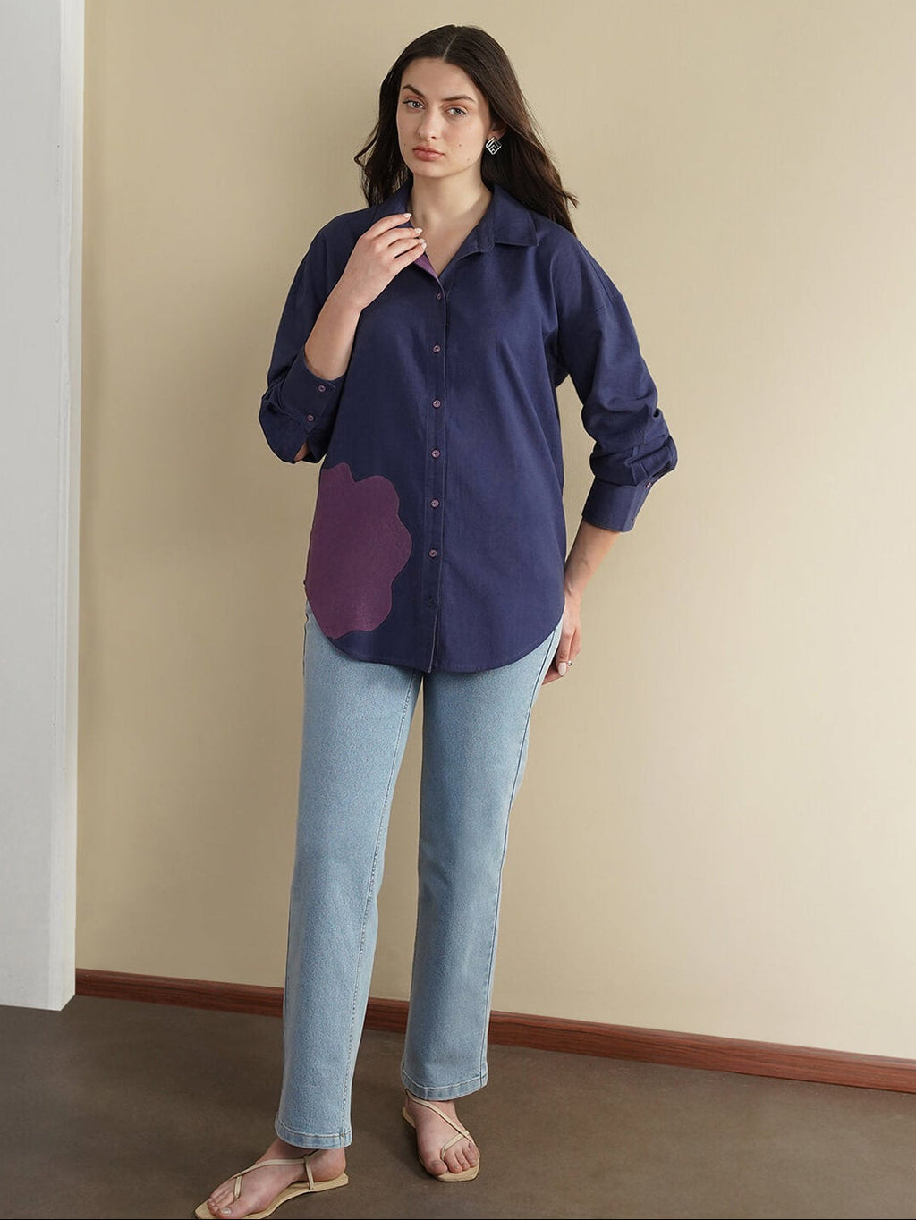 Linen Blend Floral Patchwork Shirt - Navy Blue
