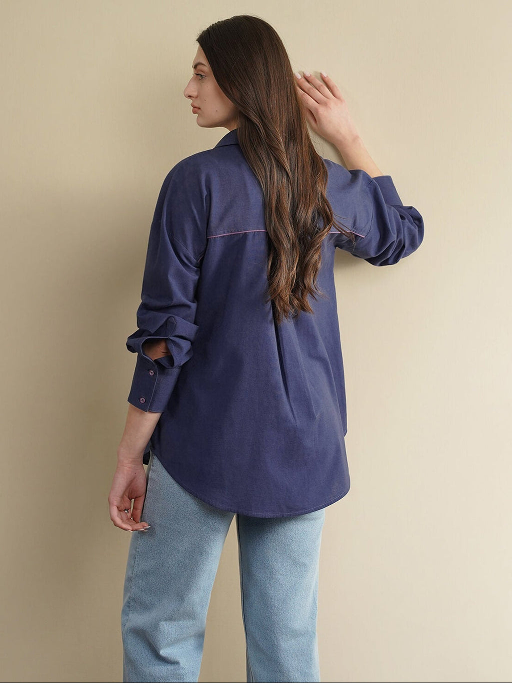 Linen Blend Floral Patchwork Shirt - Navy Blue
