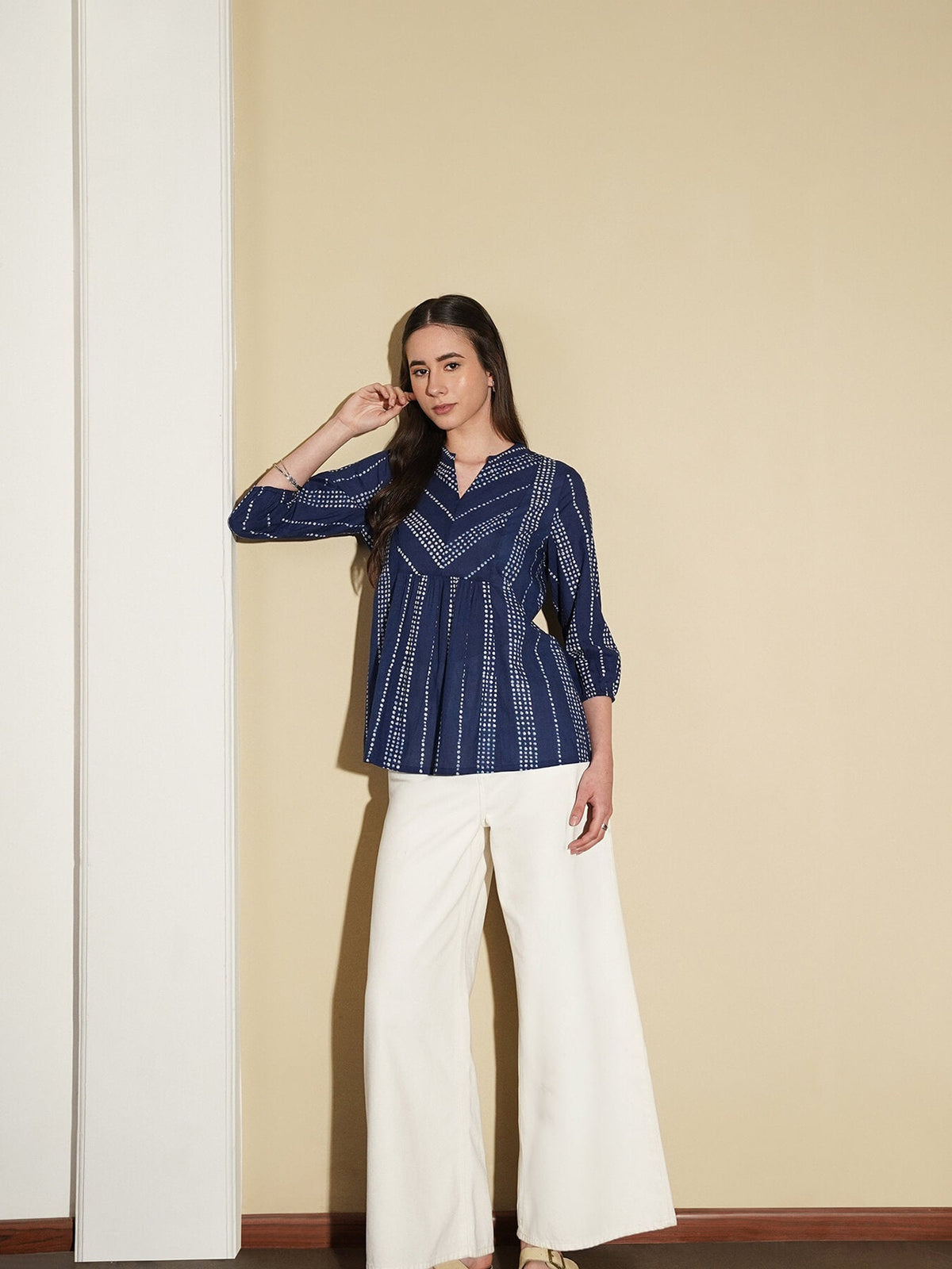 Cotton Polka Dots Peplum Top - Navy Blue